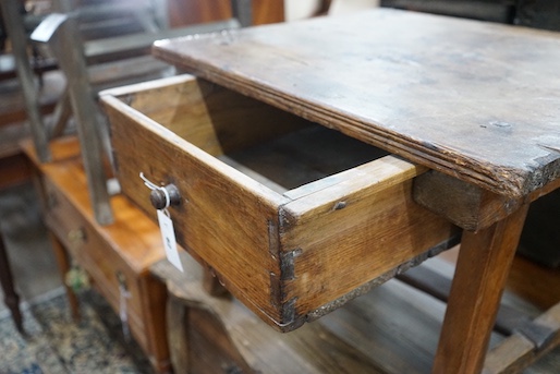 An 18th century style French rectangular pine and fruitwood low table, length 62cm, depth 50cm, height 46cm